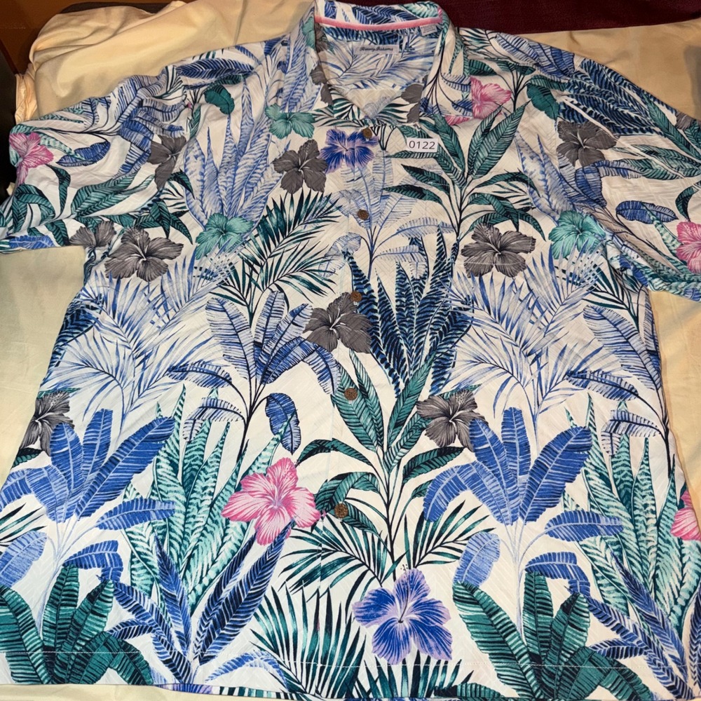Tommy Bahama Mens XXL 100% Silk Tropical Floral Camp Shirt Blue Teal Hibiscus